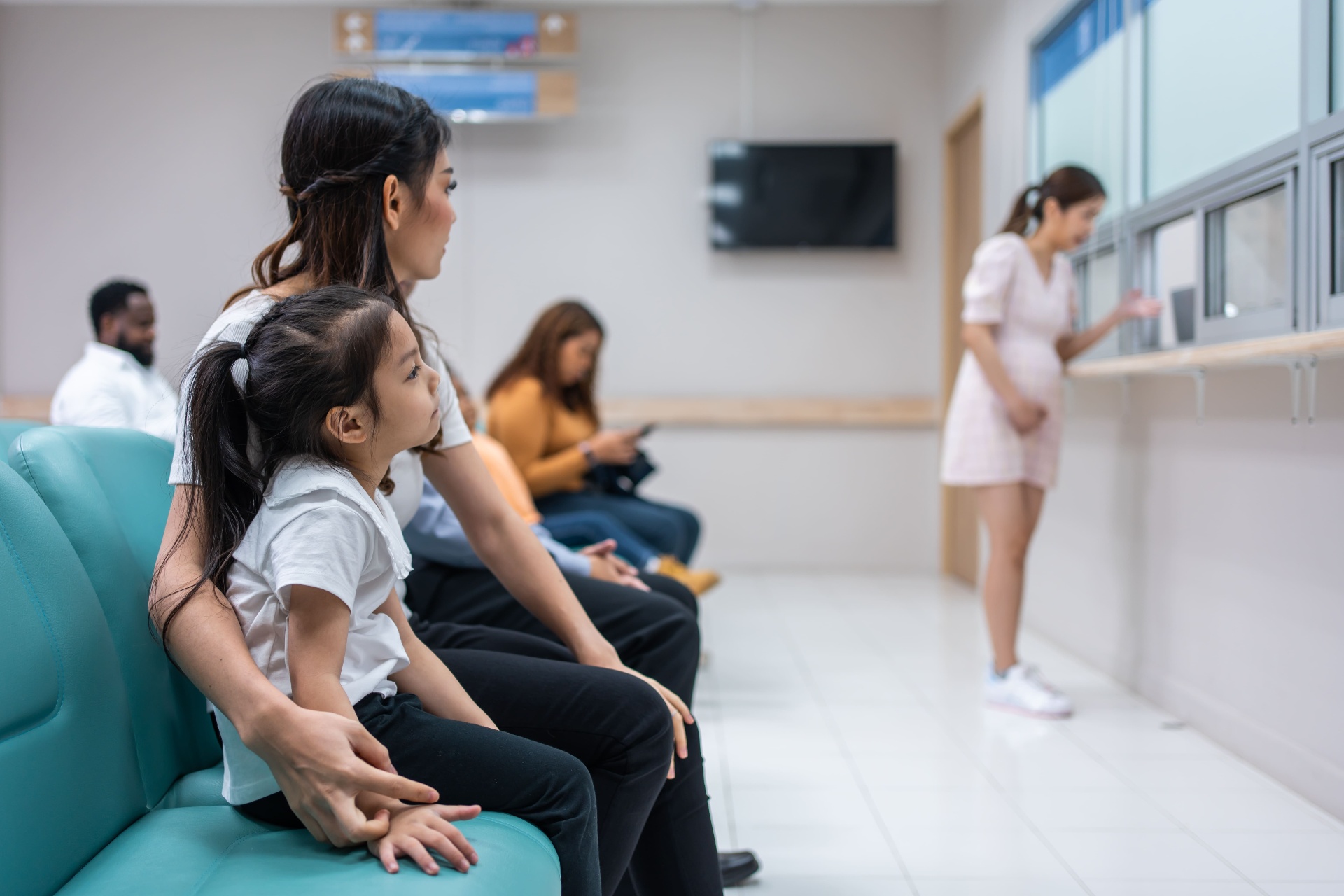 Frustrated person in crowded waiting room